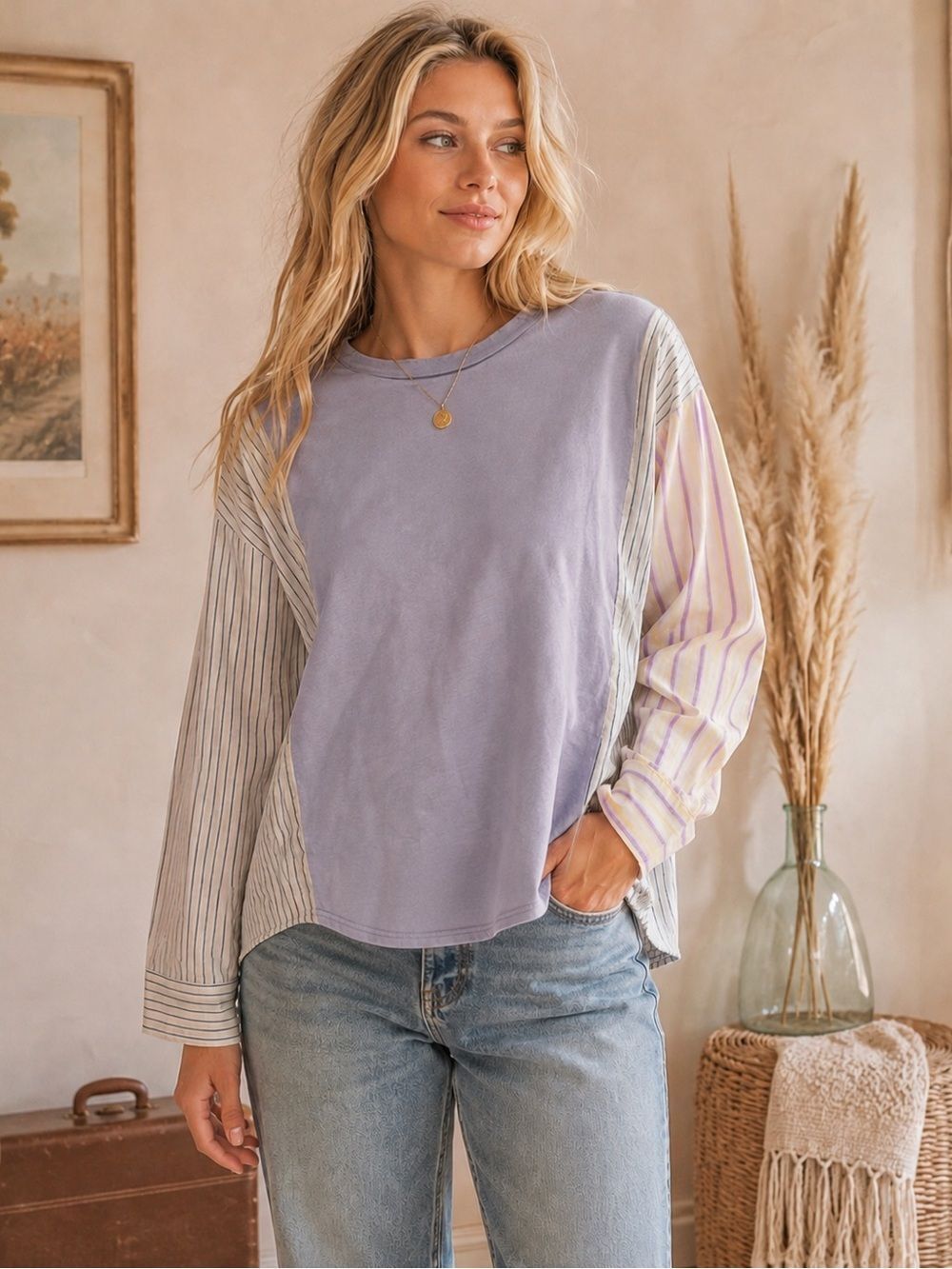 Anthropologie easel Beige Body Long-Sleeve Top with Striped Sleeves
